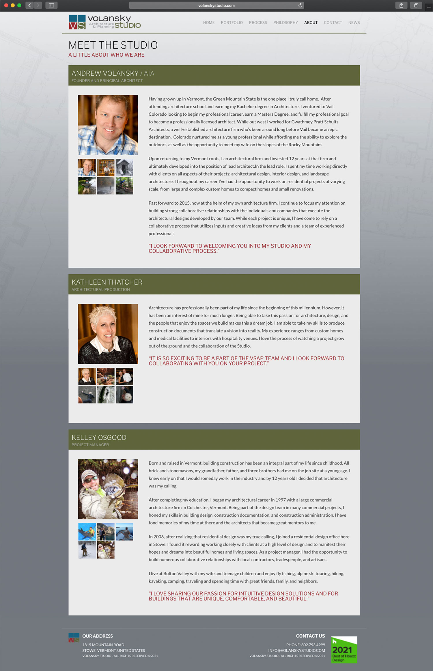 Website design and website development for Volansky Studio - secondary page view.