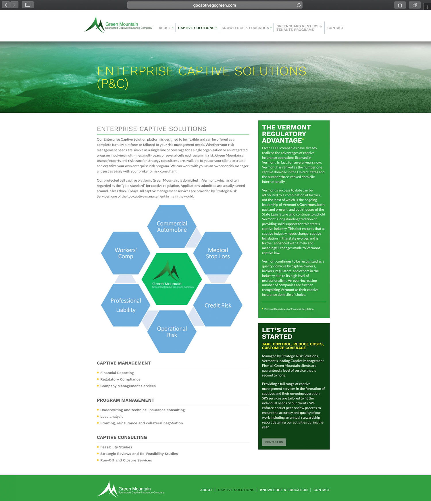 Website design and website development for Green Mt. Captive - secondary page view.