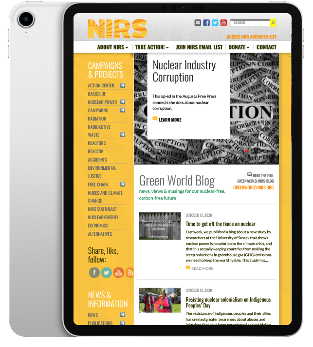 Website design for N.I.R.S. - ipad view.