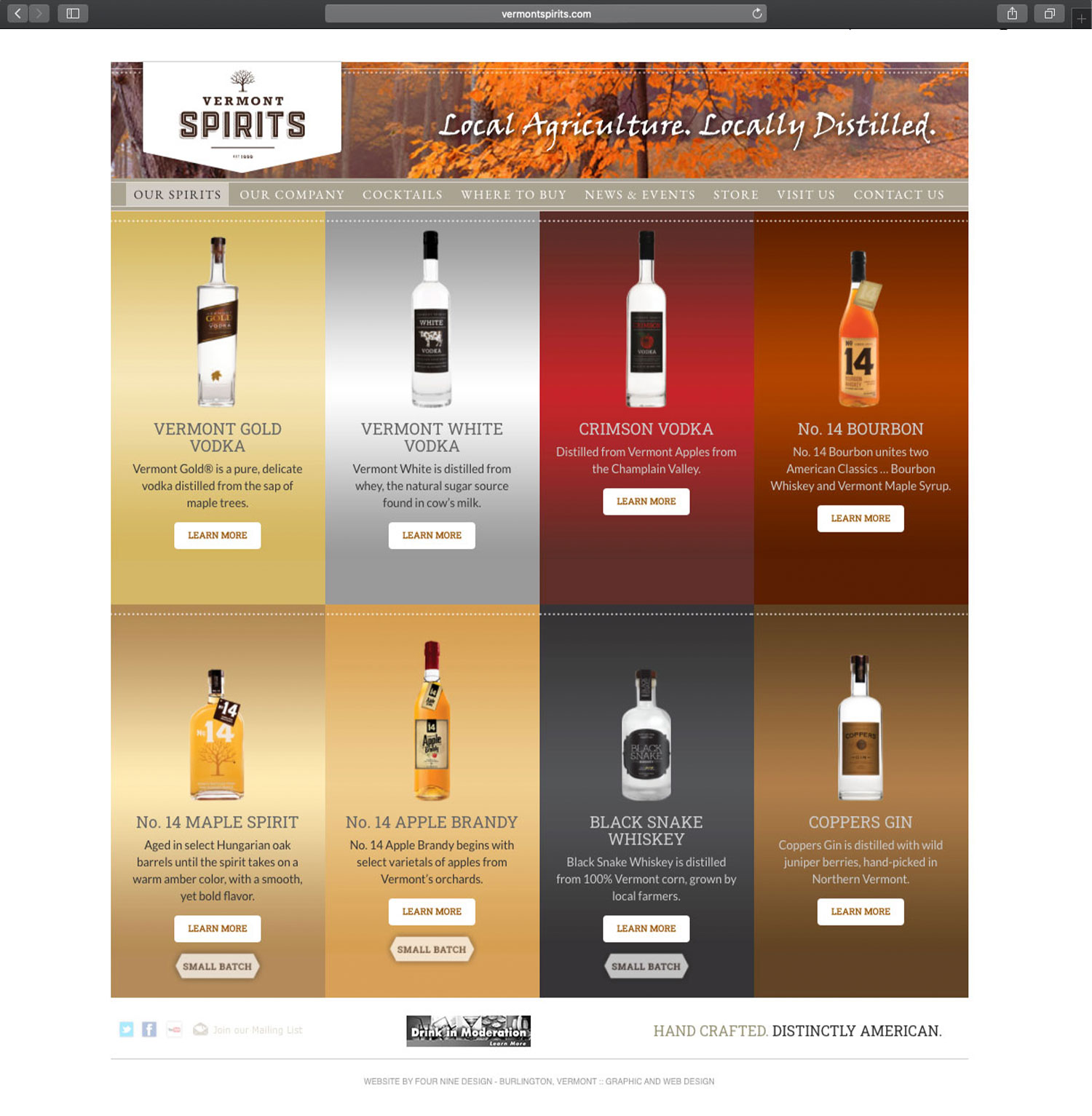 Website design and website development for Vermont Spirits - secondary page view.