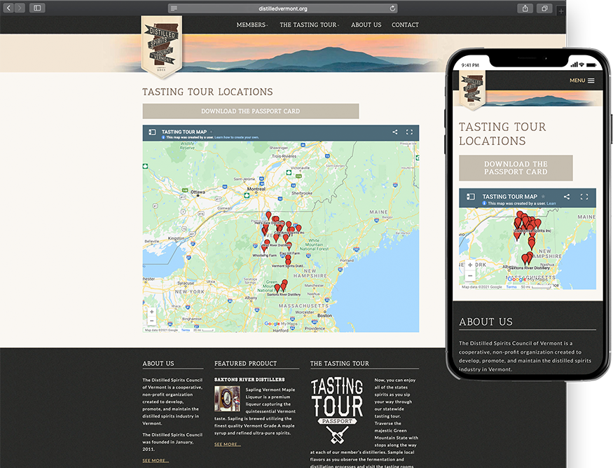 Website development for Distilled Spirits Council of Vermont - desktop and mobile view.