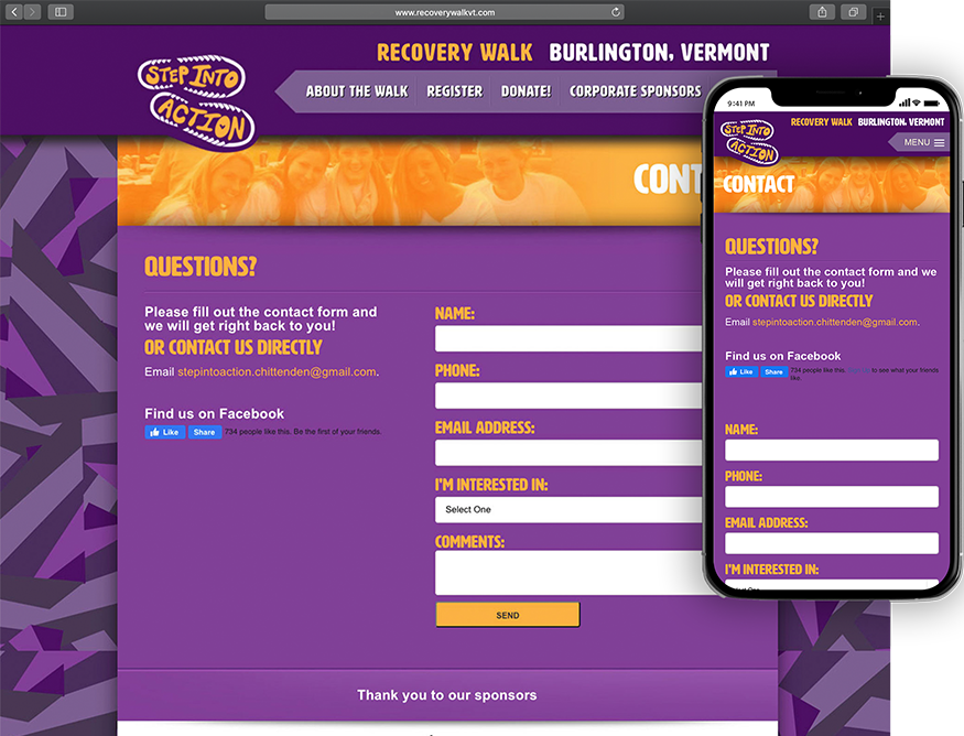 Website development for Step Into Action Recovery Walk - desktop and mobile view.