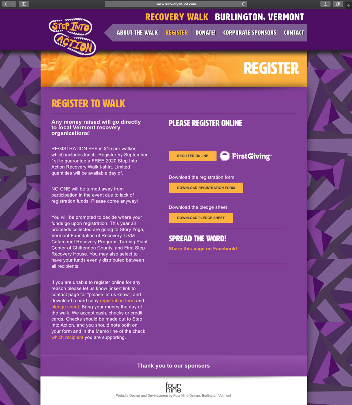 Website design and website development for Step Into Action Recovery Walk - secondary page view.