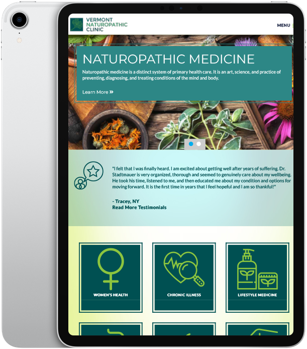 Website design for Vermont Naturopathic Clinic - ipad view.