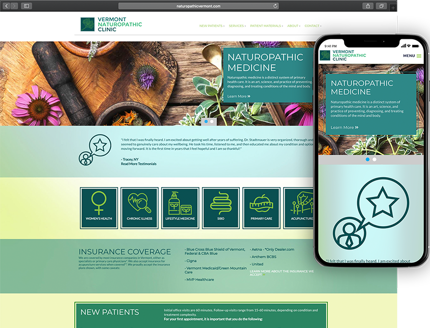 Website development for Vermont Naturopathic Clinic - desktop and mobile view.