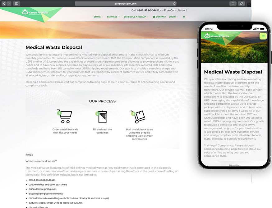 Website development for Green Frontier - desktop and mobile view.