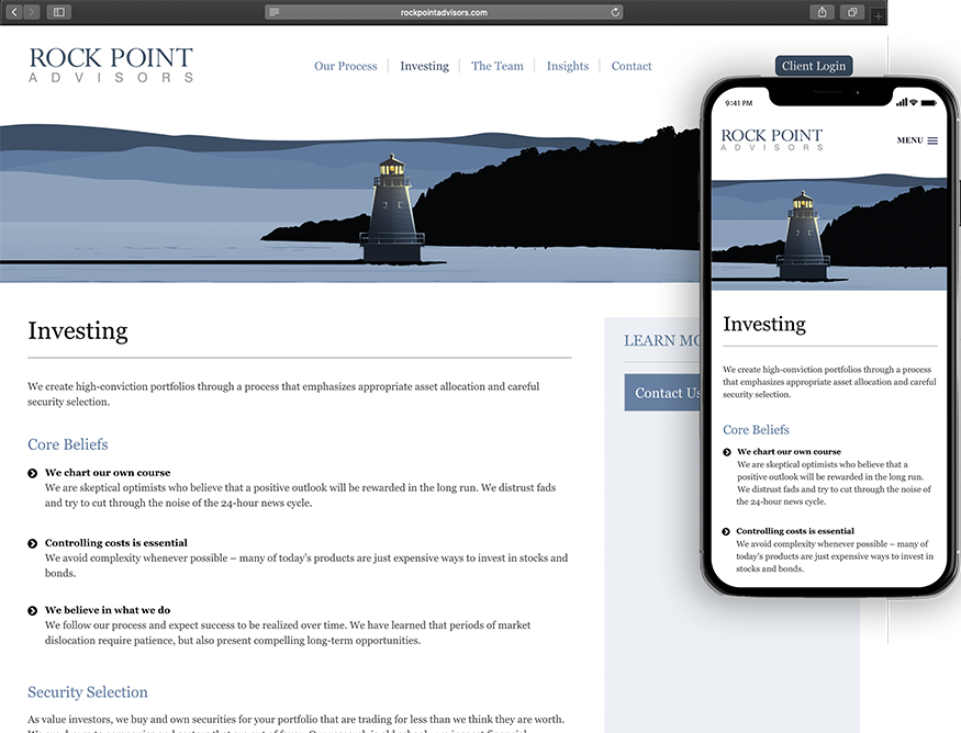 Website development for Rock Point Advisors - desktop and mobile view.