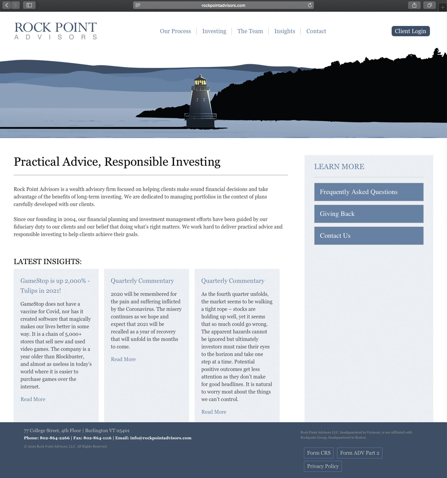 Website design and website development for Rock Point Advisors - homepage view.