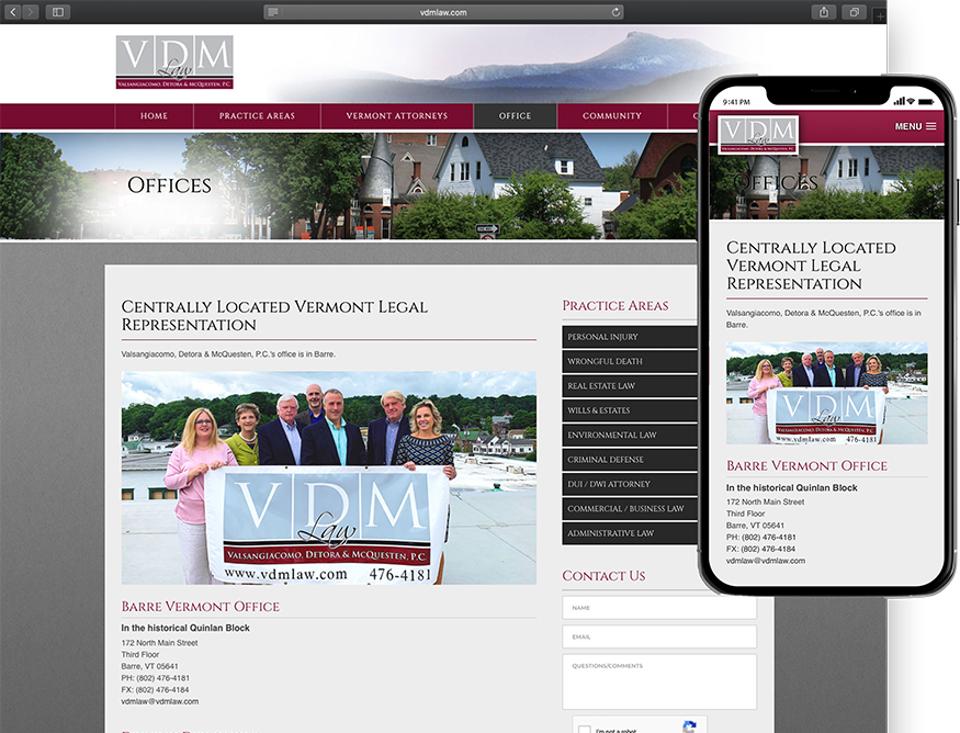Website development for VDM Law - desktop and mobile view.