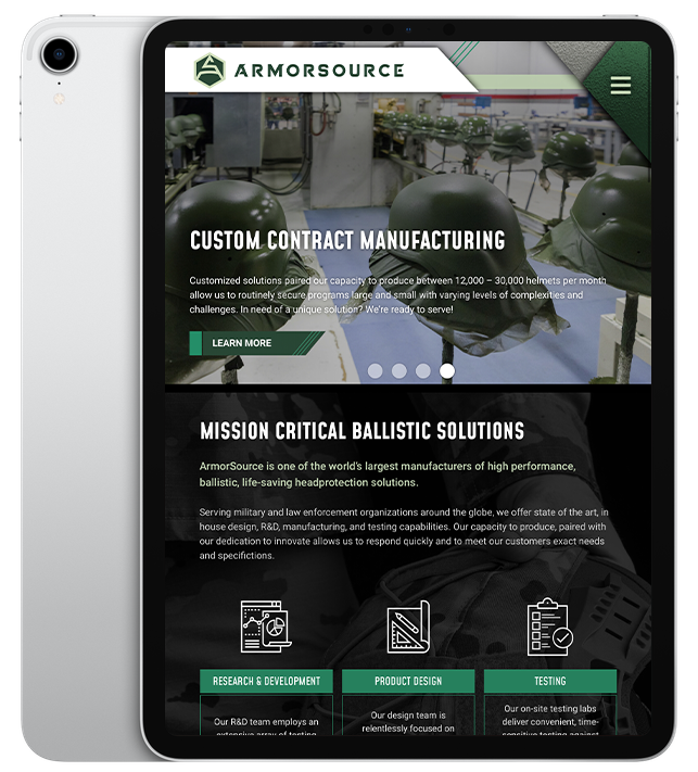 Website design for ArmorSource - ipad view.