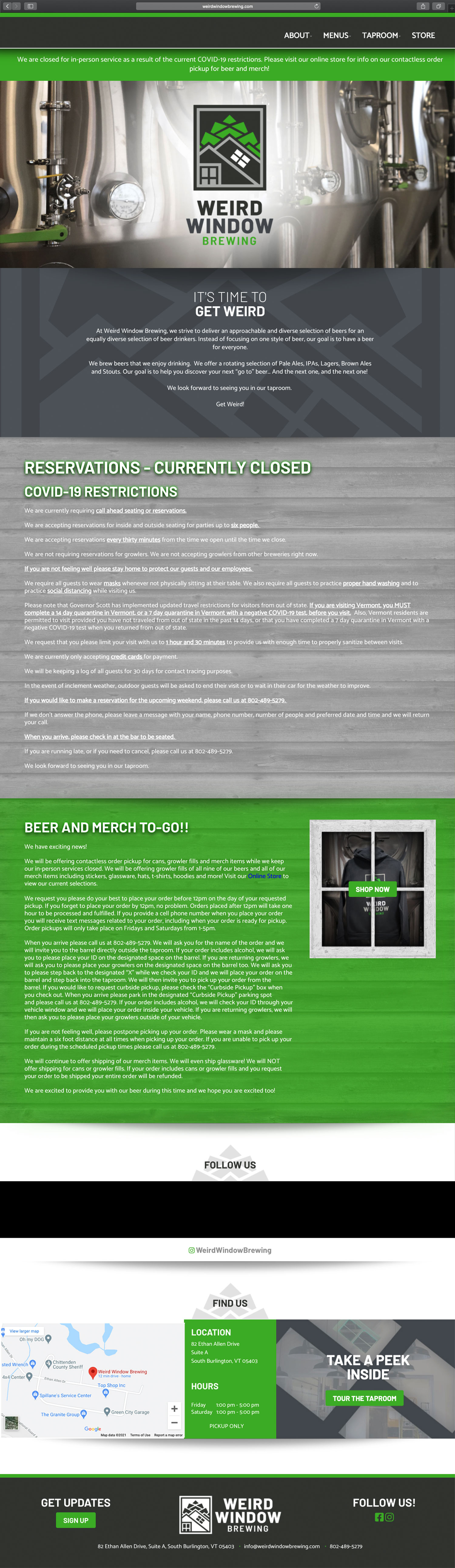 Website design and website development for Weird Window Brewing - homepage view.