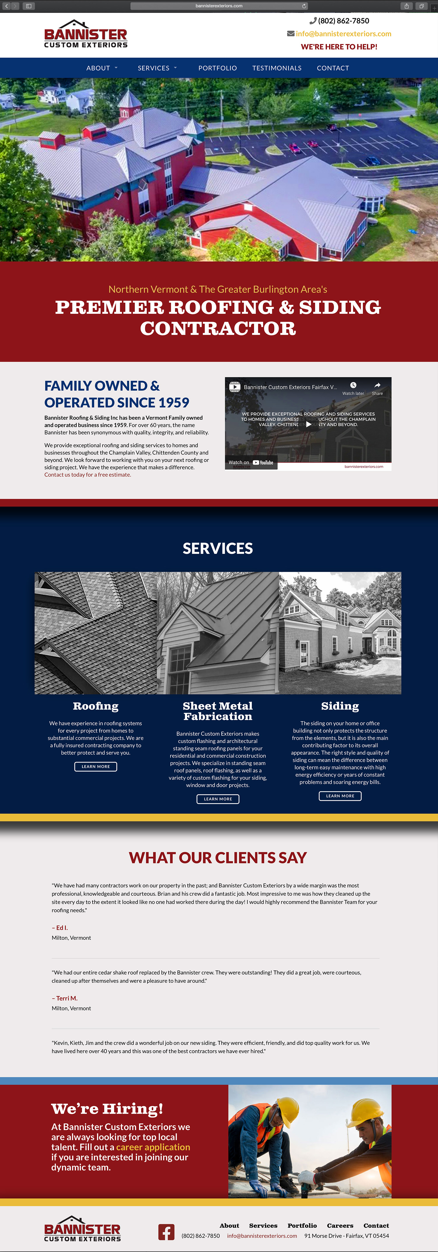 Website design and website development for Bannister Roofing and Custom Exteriors - homepage view.