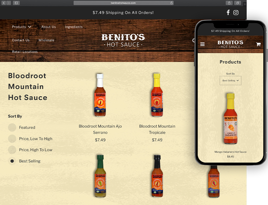 Website development for Benitos - desktop and mobile view.