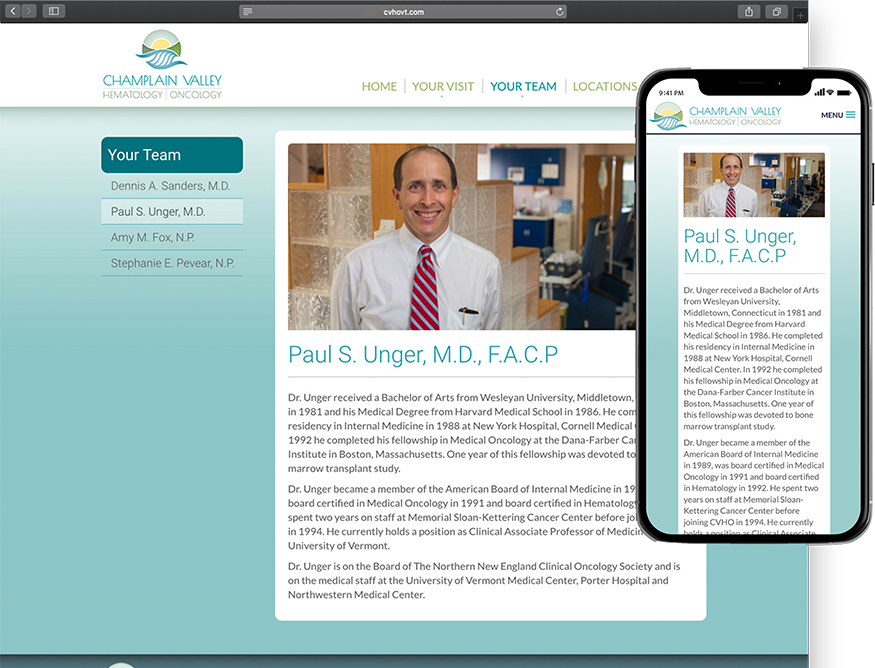 Website development for Champlain Valley Hematology and Oncology - desktop and mobile view.