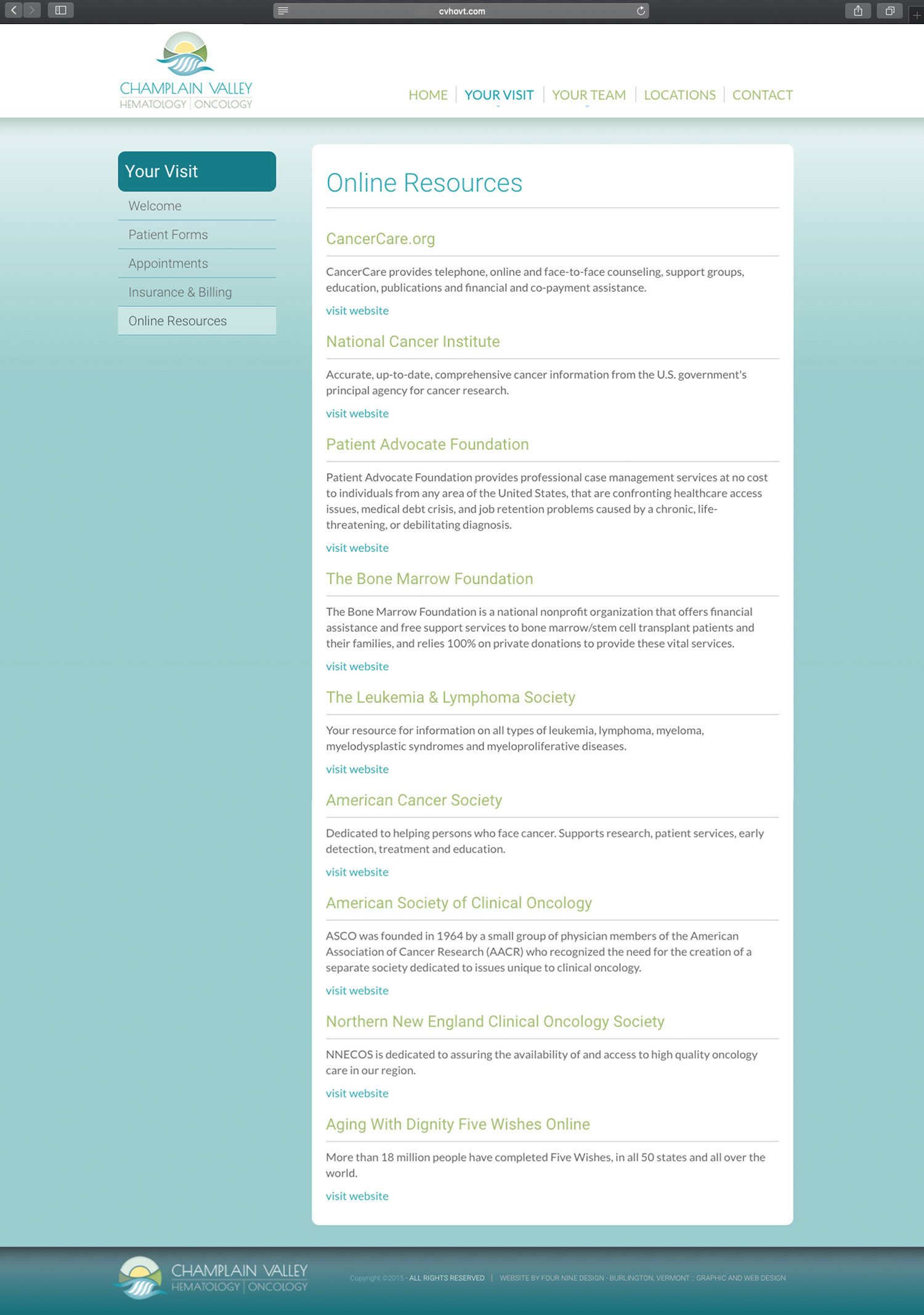 Website design and website development for Champlain Valley Hematology and Oncology - secondary page view.