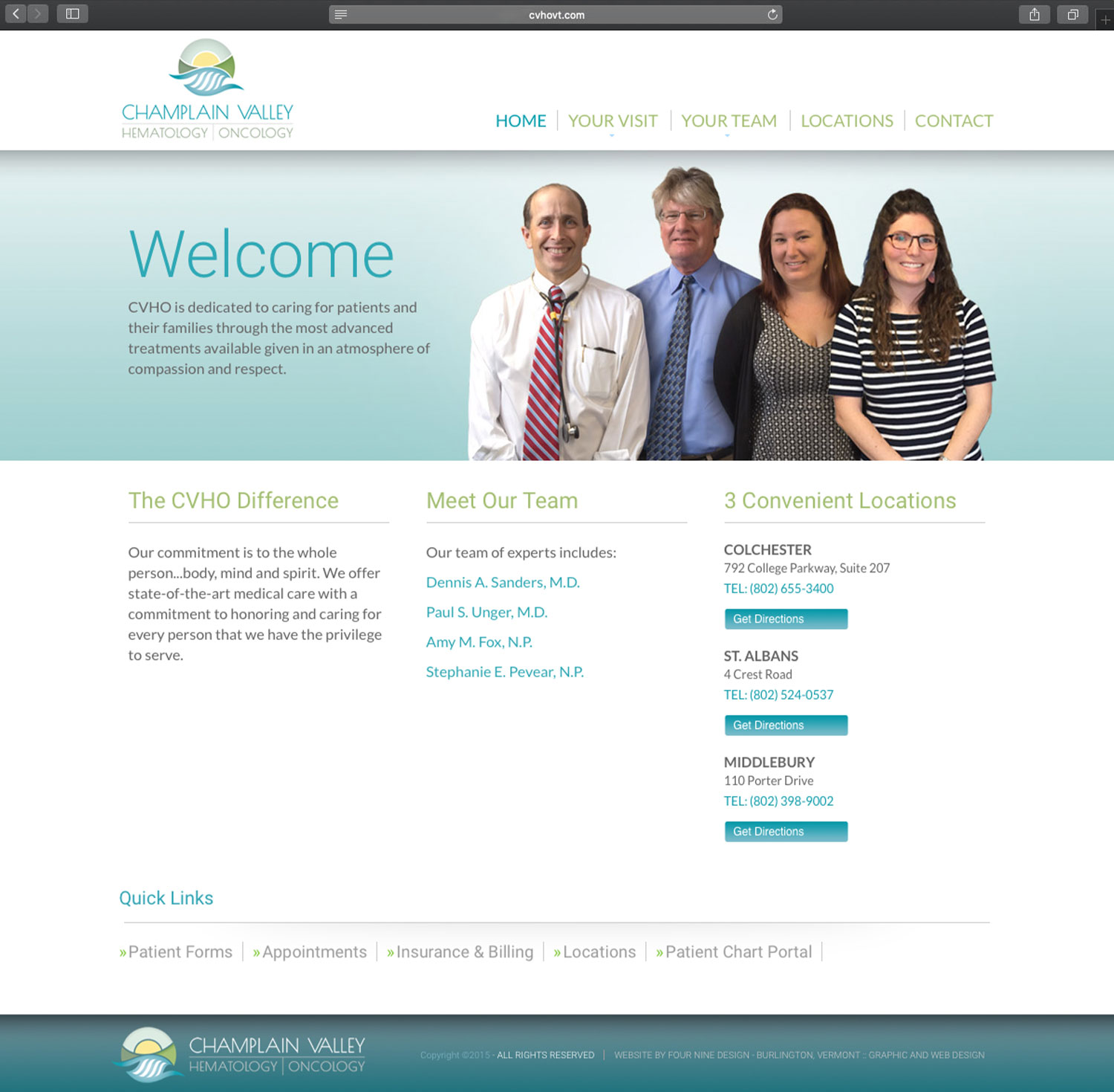 Website design and website development for Champlain Valley Hematology and Oncology - homepage view.