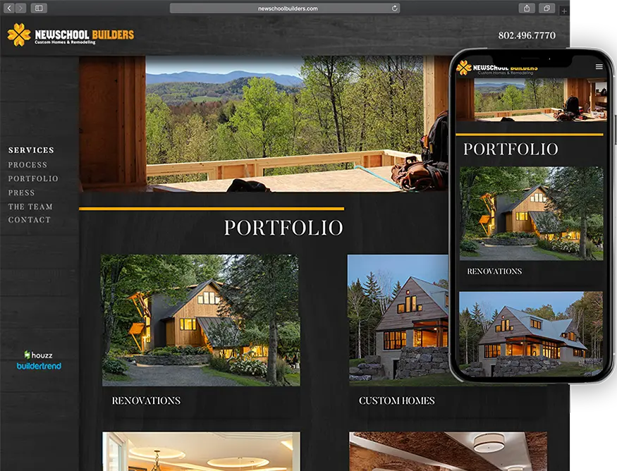 Website development for New School Builders - desktop and mobile view.