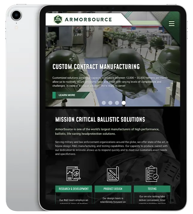 Website design for ArmorSource - ipad view.