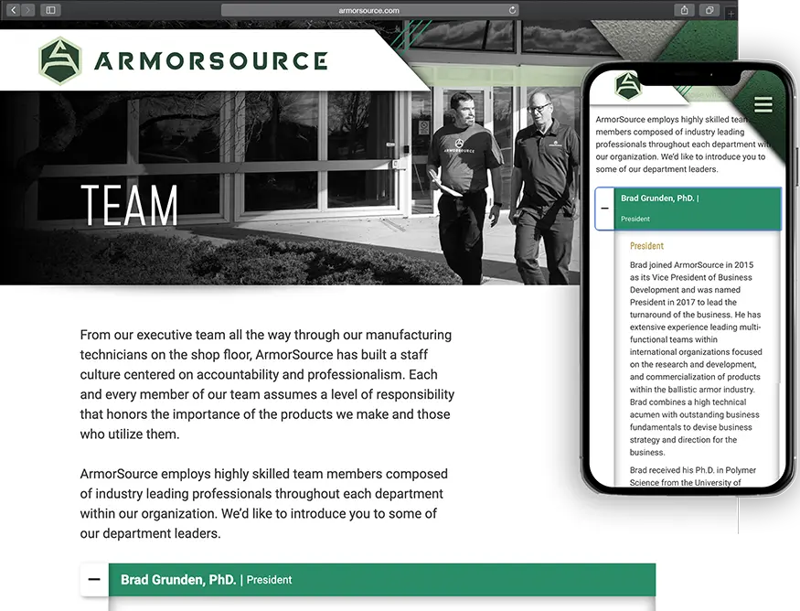 Website development for ArmorSource - desktop and mobile view.